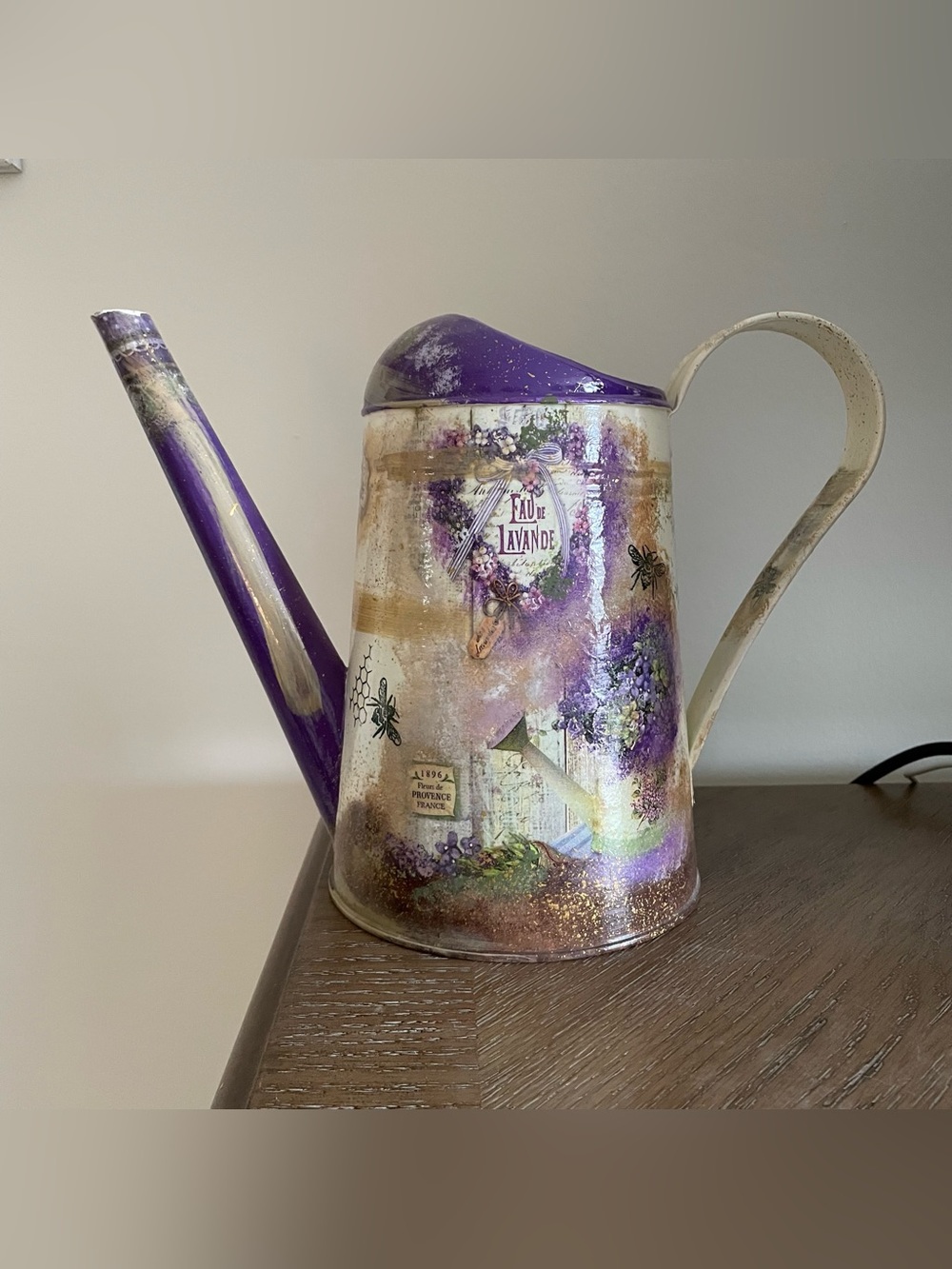 Garden Watering Can Découpaged Hand-Painted Collaged With Lavender Sprigs